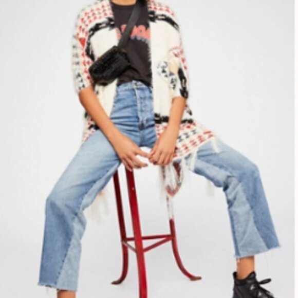 Free People fuzzy Canyonland Kimono with fringe Ivory Combo, One Size - Picture 5 of 8